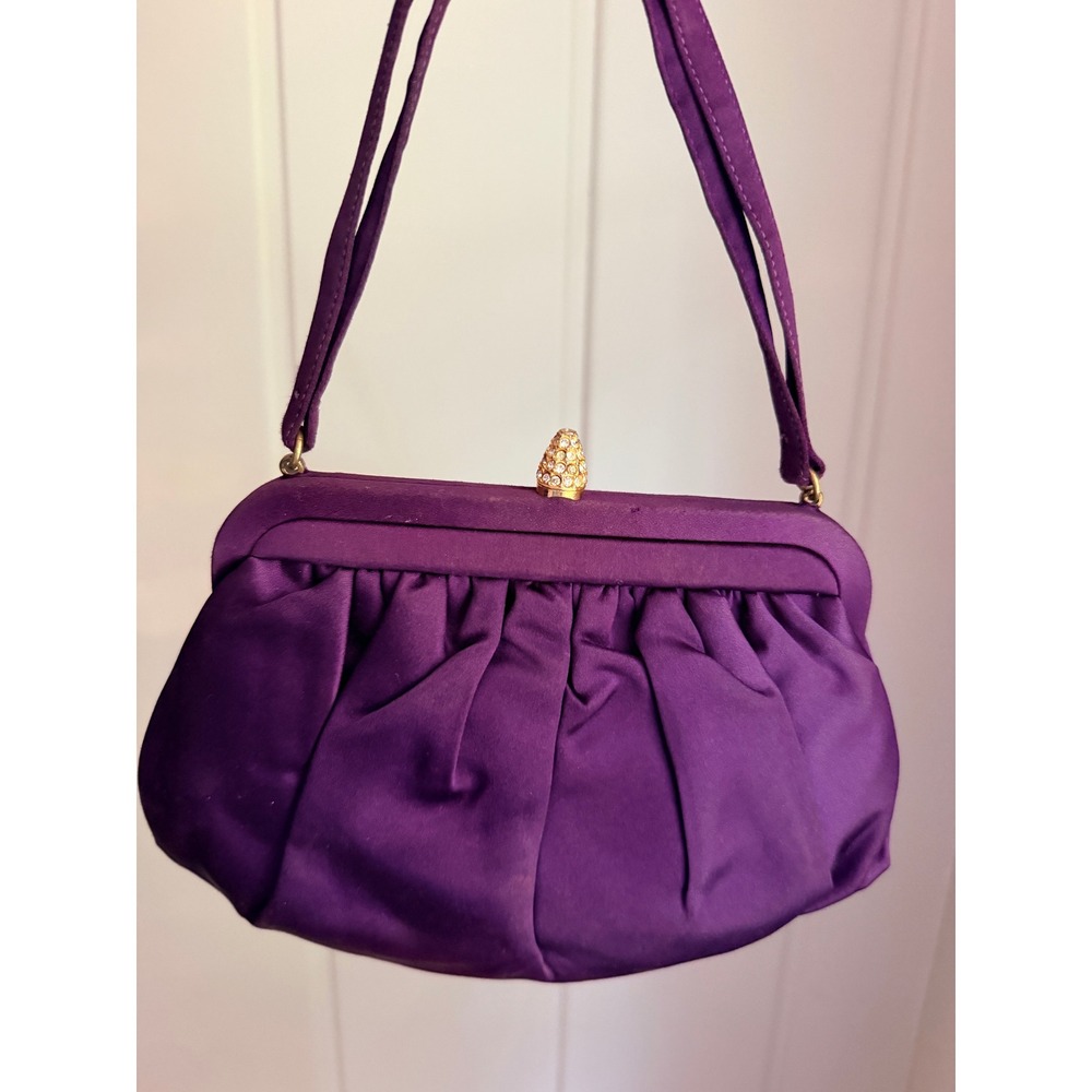 Vintage Morris Moskowitz Purple Satin Evening Bag 1950s Rhinestone Clasp Handbag